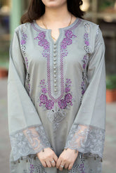 LIBAAS - 3PC DHANAK EMBROIDERED SHIRT WITH DHANAK EMBROIDERED SHAWL AND TROUSER - HZU2493